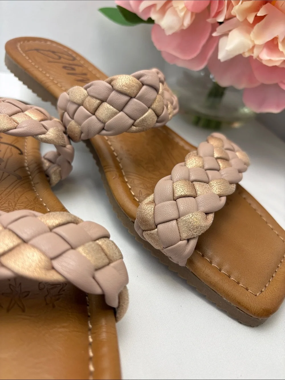 Blowfish Malibu Womens 10‎ Braided Double-Strap Slide Sandals in Blush&Gold #725